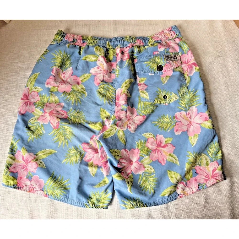 Polo Ralph Lauren Mens M Blue Floral Hawaiian Surf Bathing Suit Swim Trunks